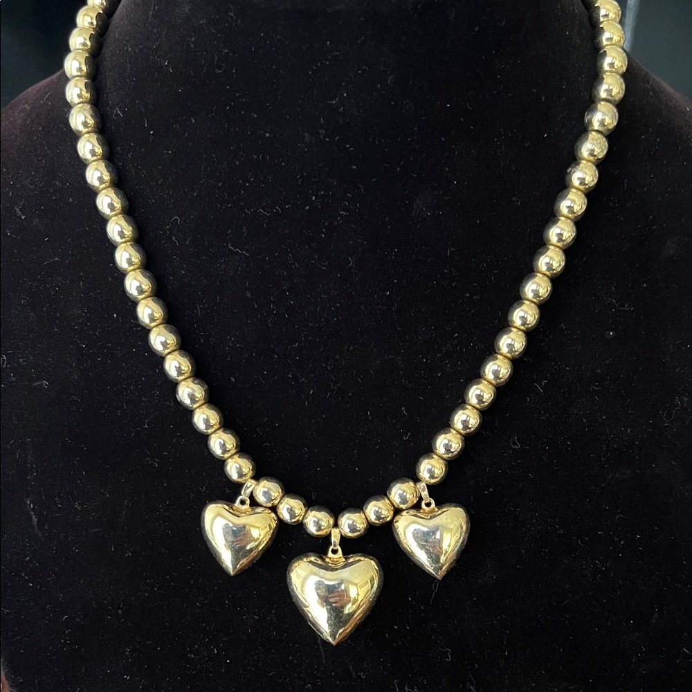 Vintage 20” Gold Tone Beaded Necklace with Three Heart Pendants